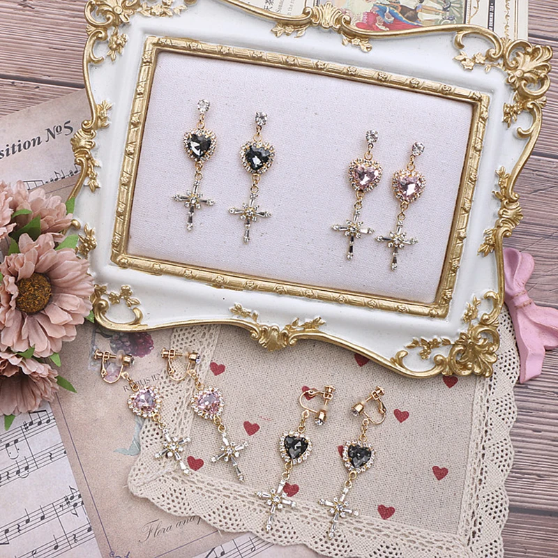 Y2K Cross Tassel Hang Lolita Earrings Korean Japanese Soft Girl Earring Elegant Cross Drop Clip for No Ear piercing Earrings
