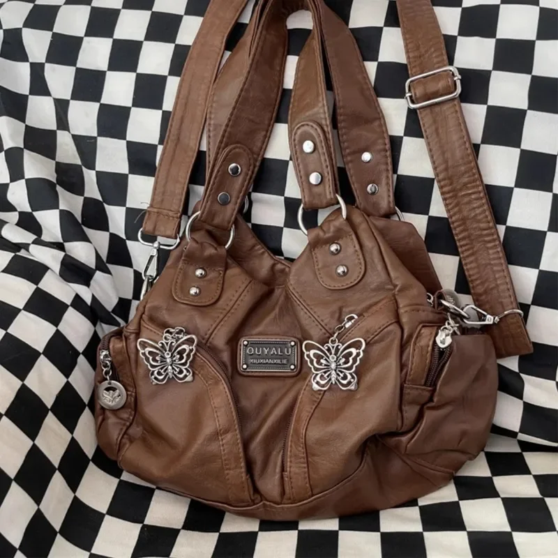 MBTI Brown Y2k Womens Shoulder Bag Vintage Fashion Soft Pu Leather Gothic Tote Bag Punk Harajuku Casual Large Capacity Handbag