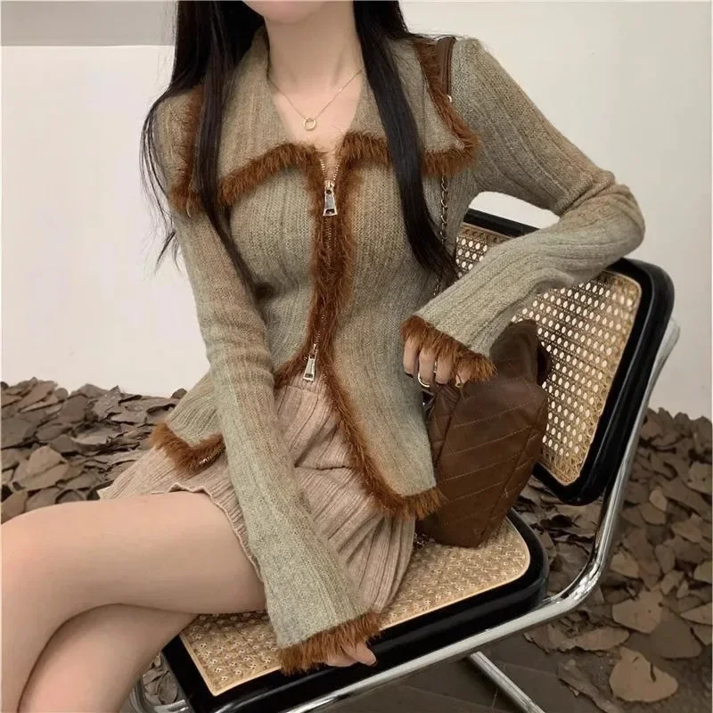 2024 Women's Autumn/Winter Interior Knitted Top Gradient Retro Cardigan Sweater Coat Slim Fit