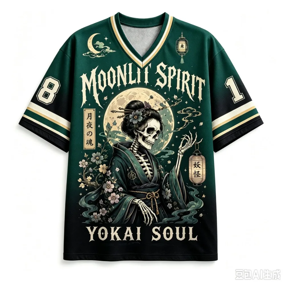 Japanese-style Monster Skeleton Sport Quick-dry Breath 3D Print Men V-Neck T-Shirt Street Fashion Hip-Hop Y2K Parent-child Cloth