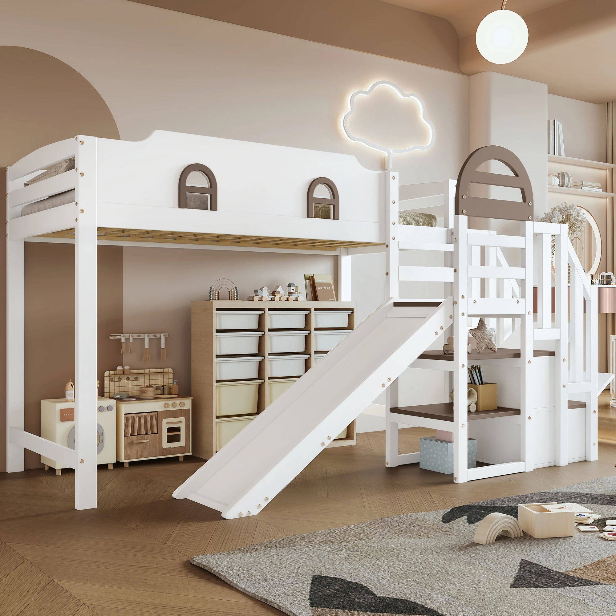 Lit avec fenêtre, aire de jeux pour enfants, escalier avec rampes d'escalade, 2 casiers dans l'escalier, design polyvalent, grand espace de rangement, en pin + MDF, blanc + marron, 90x200 cm