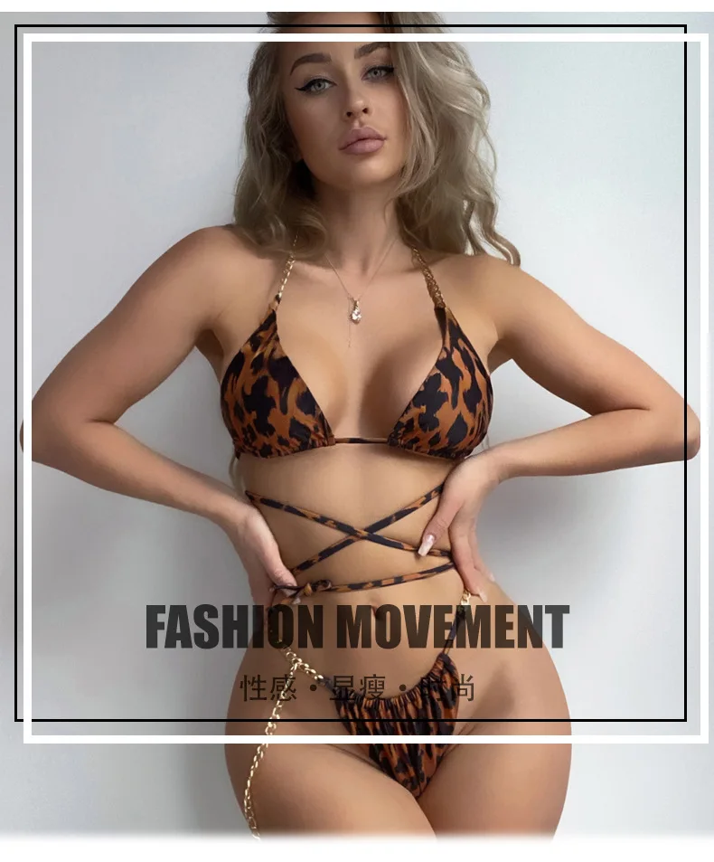 

2025 European and American Sexy Lace-up Leopard Print Print Split Bikini New Bikini Swimsuit Women Swimwear Women