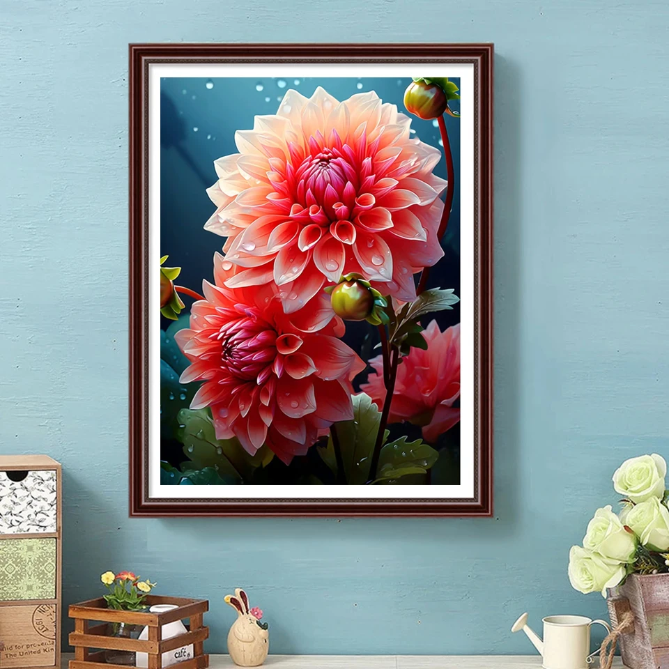 5D Full Square Diamond Embroidery Flower Needlework Diamond Painting Round Dahlia Mosaic Craft Kit Art Rhinestone Home Decor