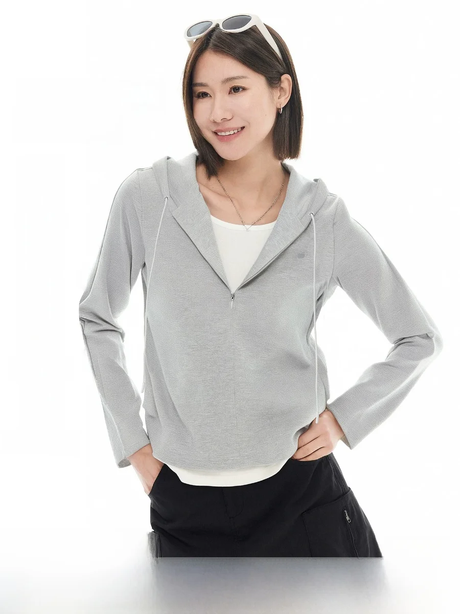 

Slim Fit Short Hoodie Fake Two-Piece Upper Women's Half Zip Arc Tail Hem Casual Comfortable Fleece Long Sleeve Zipper Hoodie