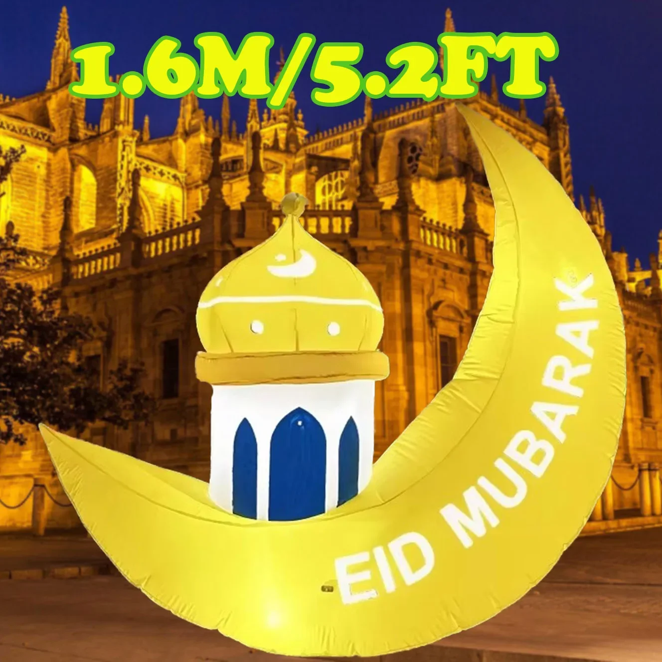 1.6M/5.2FT Inflatable Model Ramadan Moon Palace Build-in LED Light Blow Up Eid Mubarak Sign Outdoor Holiday Decorations