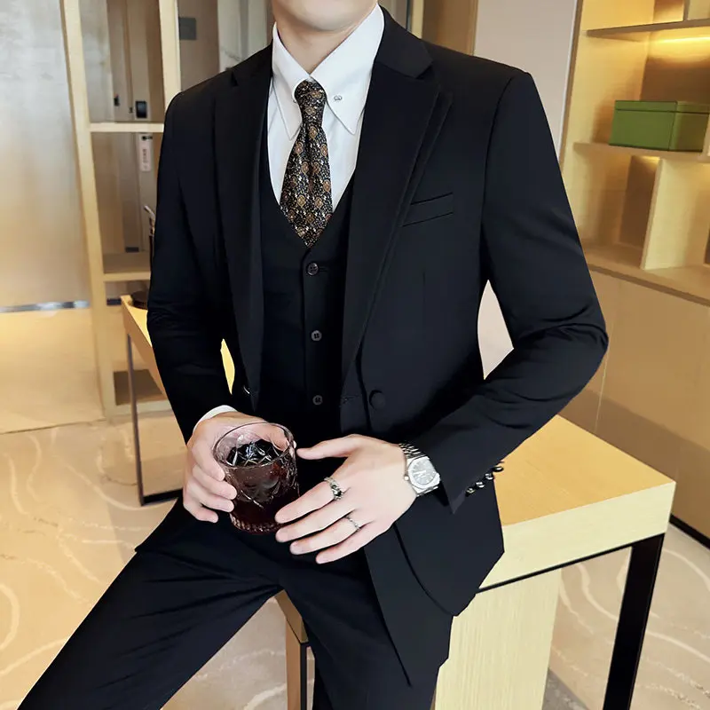 High-Quality Stylish Casual Double-Breasted Fashion Design Trendy Korean Slim Fit Three-Piece Suit Set