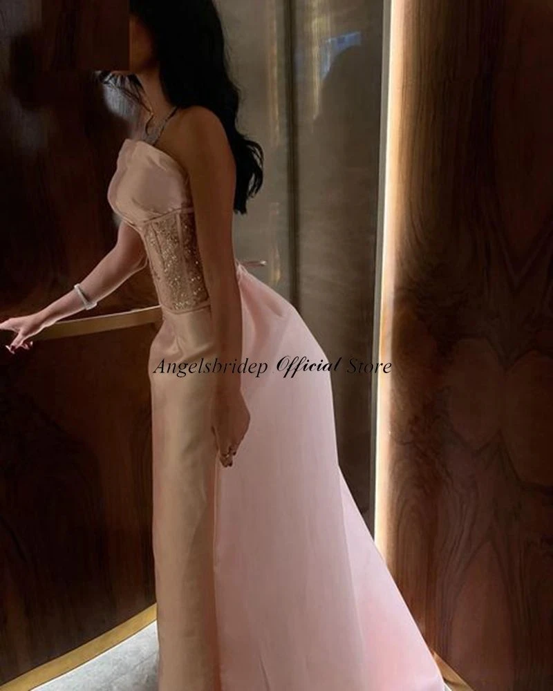 Angelsbridep Elegant Pink Prom Dress Mermaid Satin Evening Gowns Beadings Strapless Tail Party Graduation Dresses Robe De Soirée