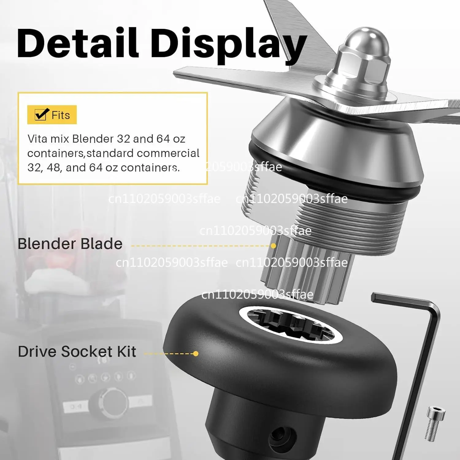 Blender Blade Replacement Kit, Wrench, Mushroom Head 64oz and 32oz Containers Compatible for Vitamix