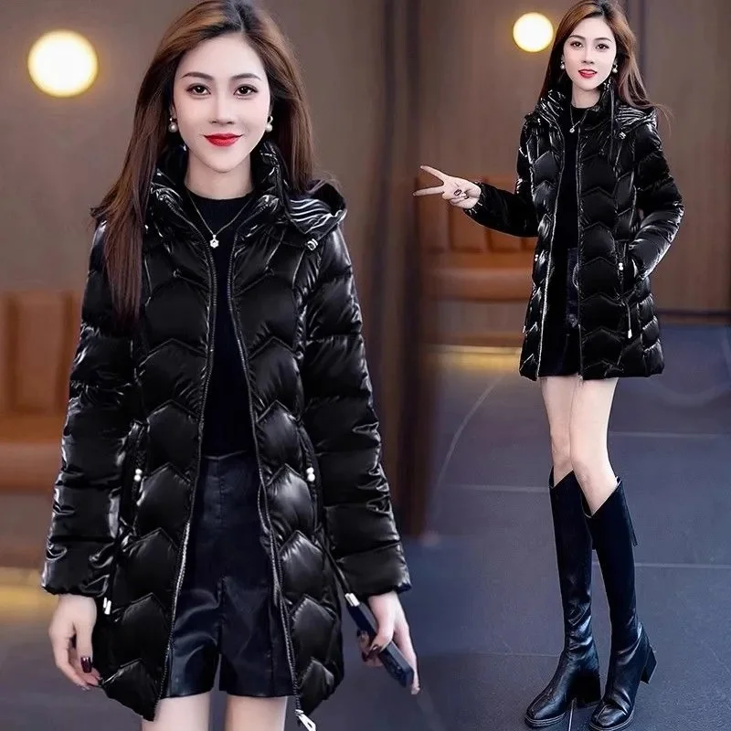Pearlescent Colorful Cotton Jacket for Women Medium Long 2024 New Winter Cotton Jacket Stylish Slimming Shiny Thick Cotton Coat
