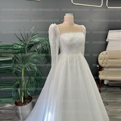 Simple Gentle Beads A Line Wedding Dresses Women's Sexy Square Collar Tulle Sequined Bridal Gowns Backless Vestidos Customized