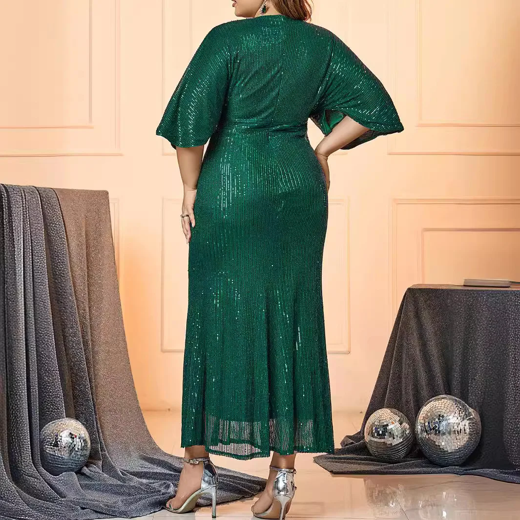 Plus Size Sequin Long Evening Dress For Women Green Slim High Waist Sexy Ladies V Neck Batwing Sleeved Party Banquet Prom Gowns