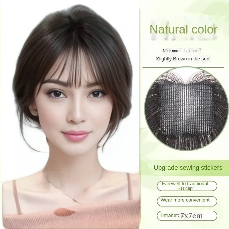 No Clips Human Hair Toppers with Hook And Loop for Women French Bangs Easy Wear Human Hair Extension Hairpieces