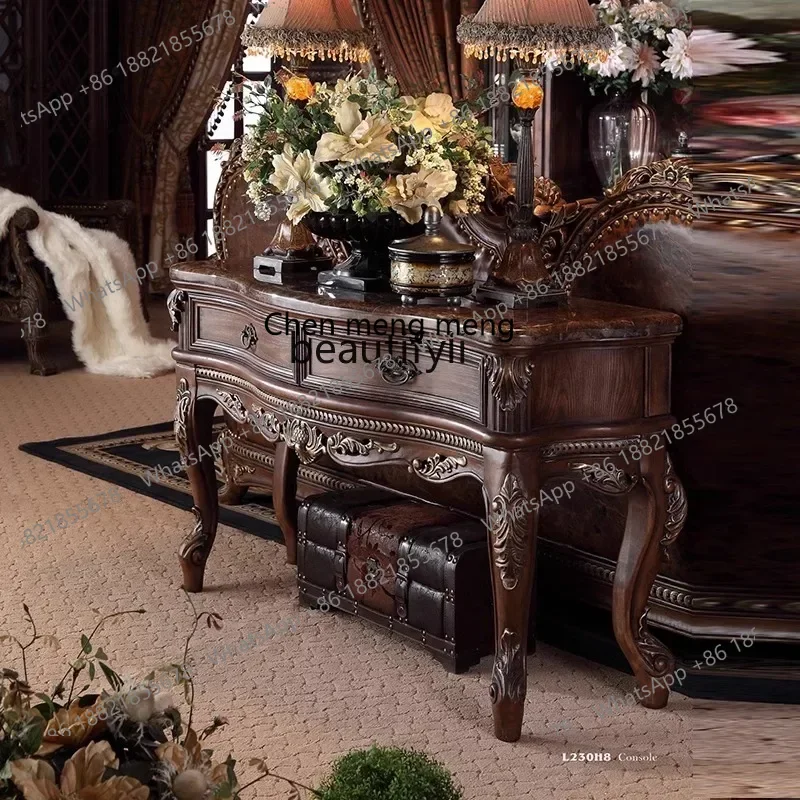 

32 European marble entrance cabinet high-end old all solid wood against the wall entrance table