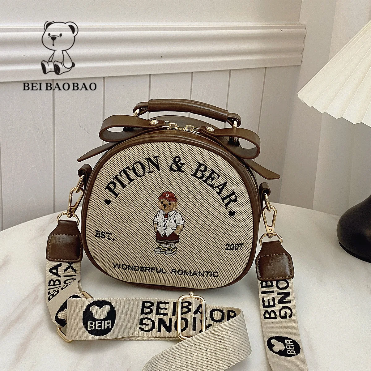 Beibaobao Round Bag Female 2024 New Women\'s Bag Cute Bear Single Shoulder Crossbody Bag Versatile Casual Fashion Handbag