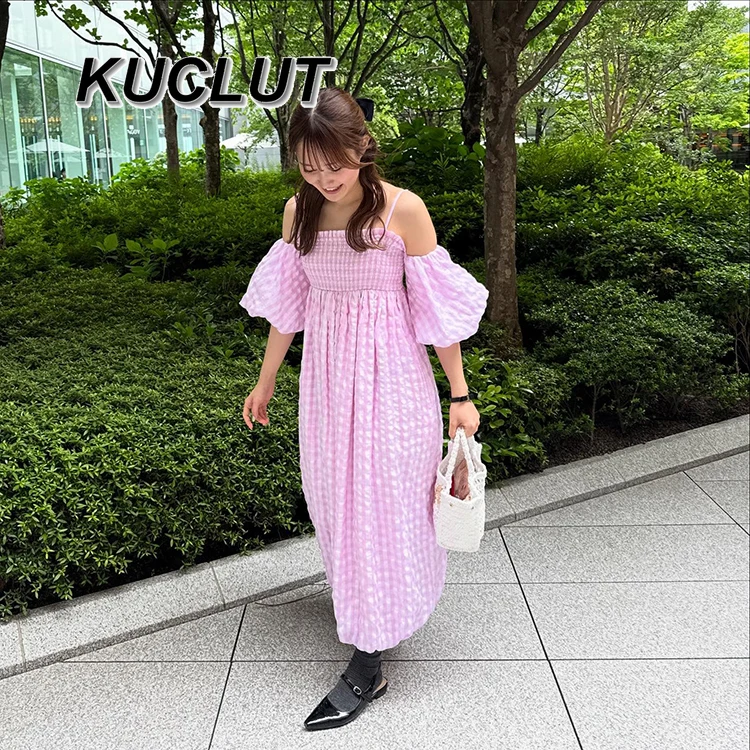 

Womens Long Dresses Summer Japanese Style Sweet Fresh Plaid Off-Shoulder Puff Sleeves Elegant Fashion Casual Short Sleeve Dress