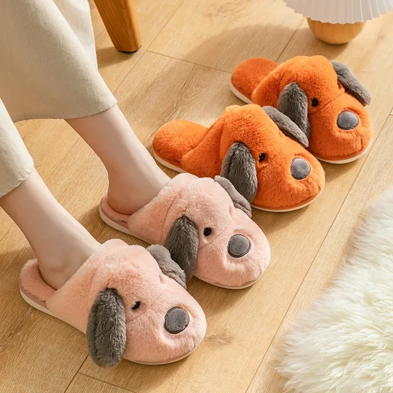 

Cute Dog Cartoon Home Cotton Slippers Women Furry Shoes Winter Warm Parent-Child Floor Slides Indoor Bedroom Men Fluffy Slippes