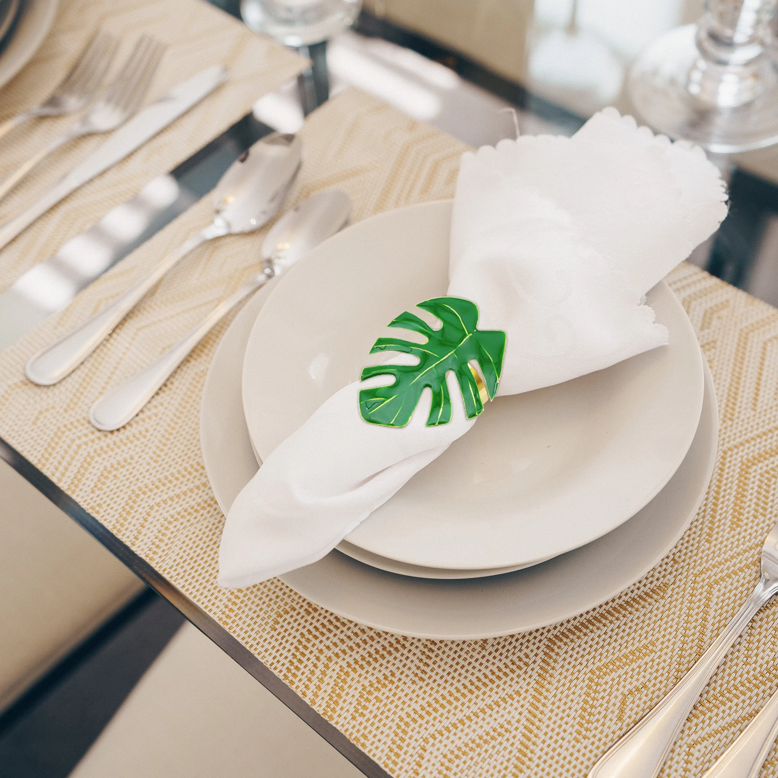 

4pcs Napkin Ring Holder Leaf Design Green Party Decoration Dinner Banquet Table Accessories Kitchen Bar Use