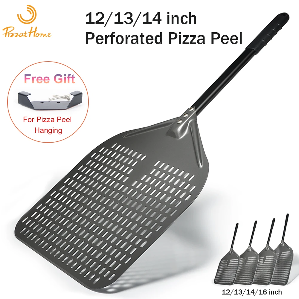 PizzAtHome 14/13/12 Inch Perforated Pizza Peel Rectangular Pizza Shovel Aluminum Hard Coating Pizza Peel Paddle Short Pizza Tool