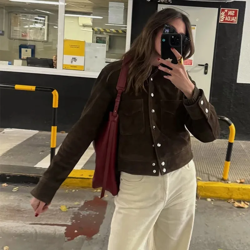 

Vintage Brown Street Short Jacket Coat Women Pocket Long Sleeve Front Button Top Female 2025 Autumn Winter Lady Outerwear
