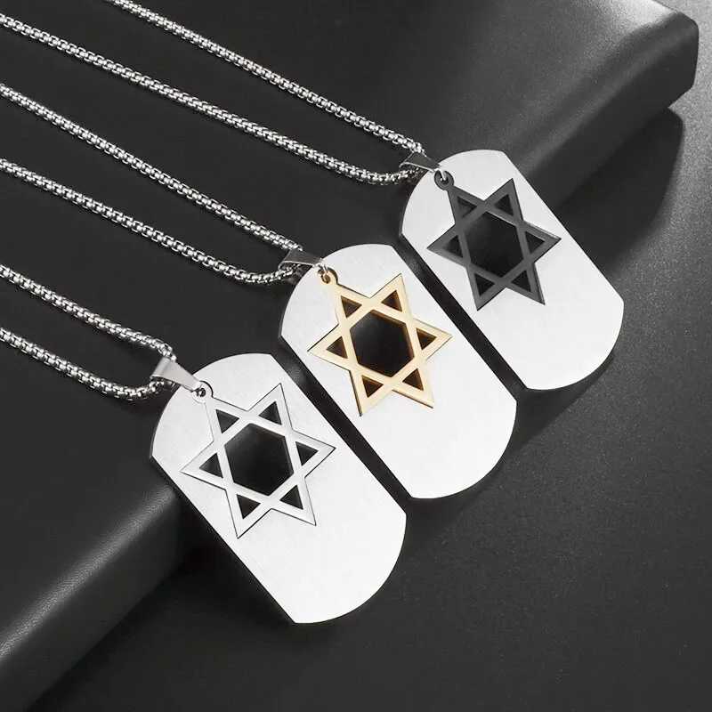 Stainless Steel Star of David Necklace Geometric Hexagonal Hollow Dog Tag Pendant for Men and Women Fashion Hip Hop Jewelry