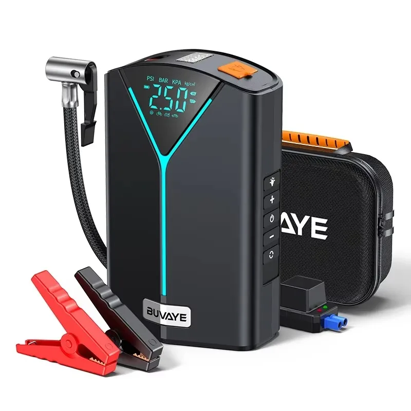 

BUVAYE Car Battery Jump Starter Inflatable Pump Power Bank LED Lighting Portable 4 In 1 Car Booster Air Compressor for 12V Cars