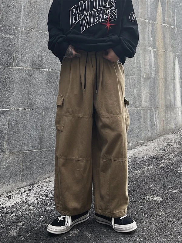 Pantalon Cargo décontracté à jambes larges pour hommes, vêtements de travail en tissu Polyester doux, coupe ample pour les saisons de printemps et d'automne