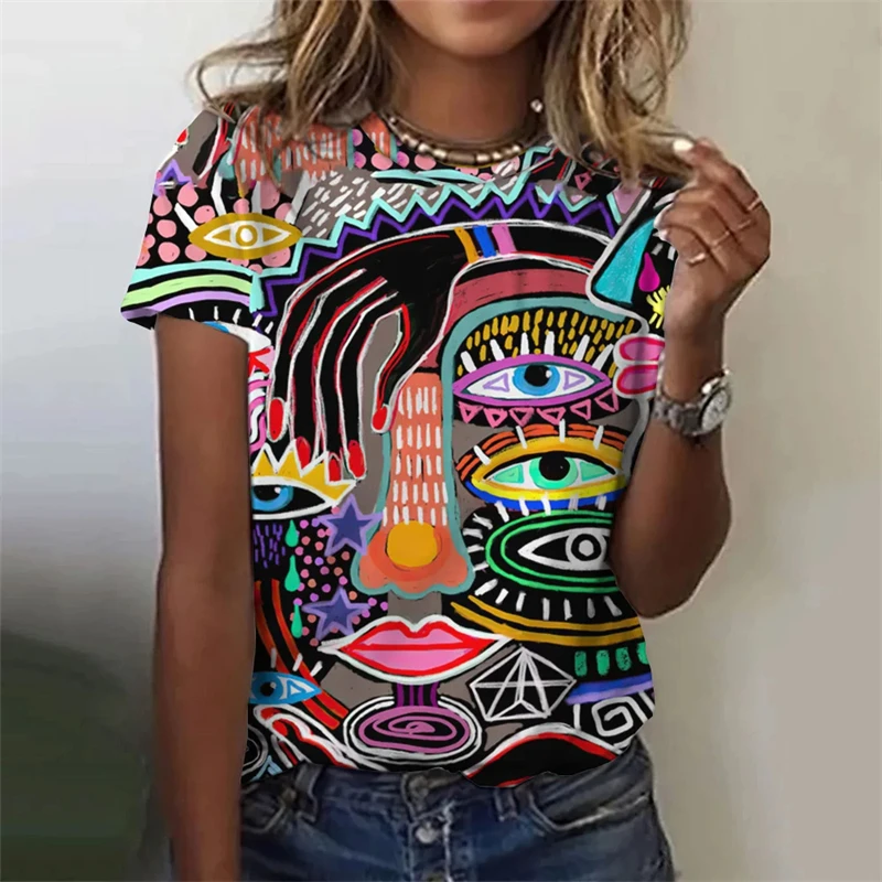 Abstract Women's T-Shirt 3D Abstraction Face Printed Tops Casual Harajuku Round Neck Short Sleeve Summer Loose T Shirt For Women