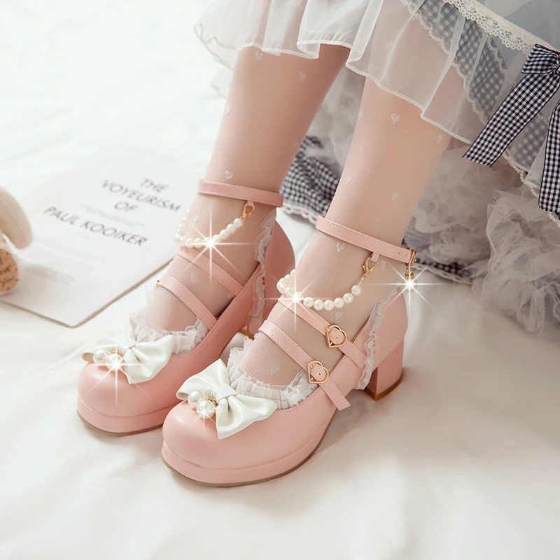 

YQBTDL Lolita Shoes Woman Pumps Cross-strap Buckle Bride Party Bowties Platform String Beads High Heels Ladies Shoes Summer 2022