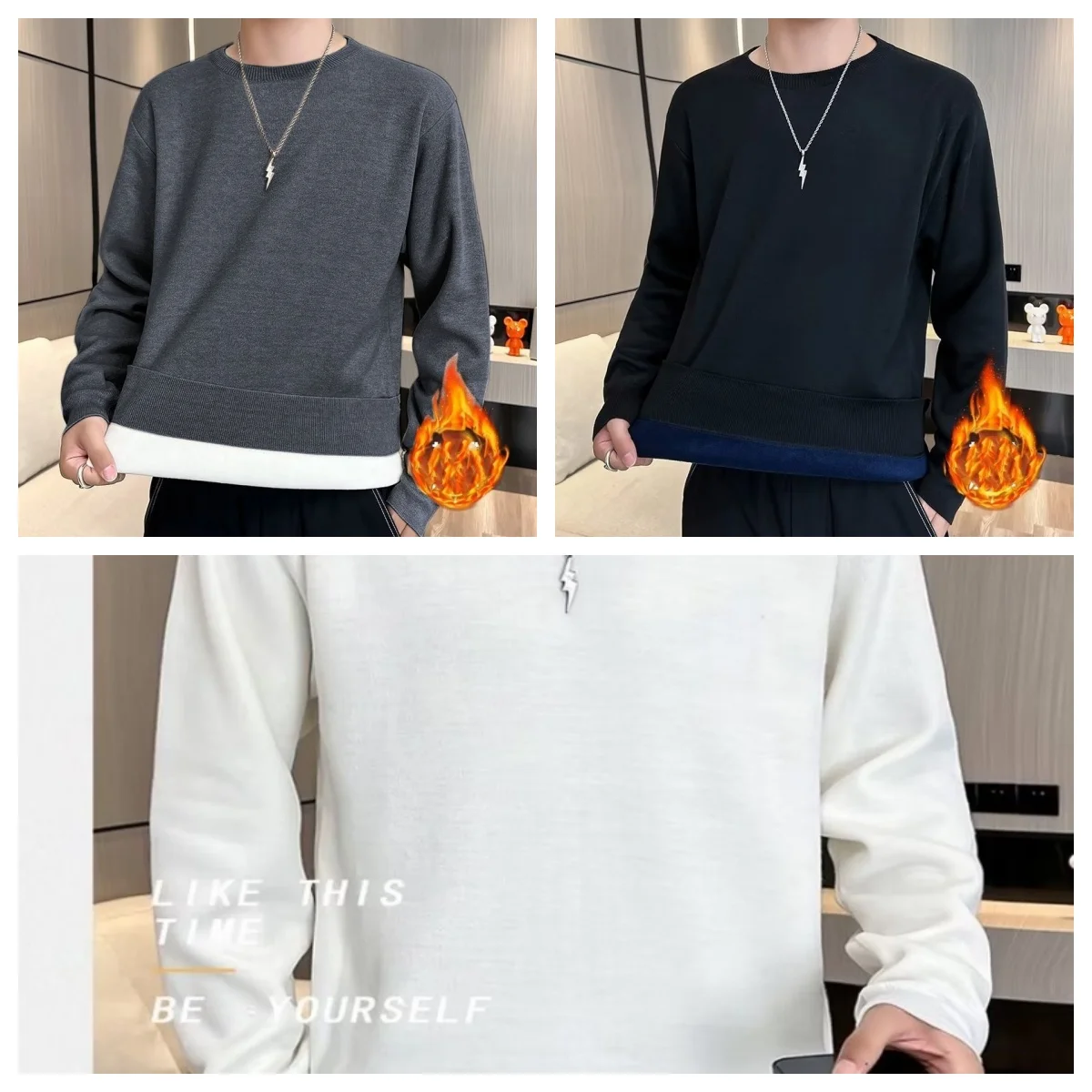 Large size sweater for men in winter, loose fit with thick velvet, solid color round neck, machine washable one-piece velvet kni