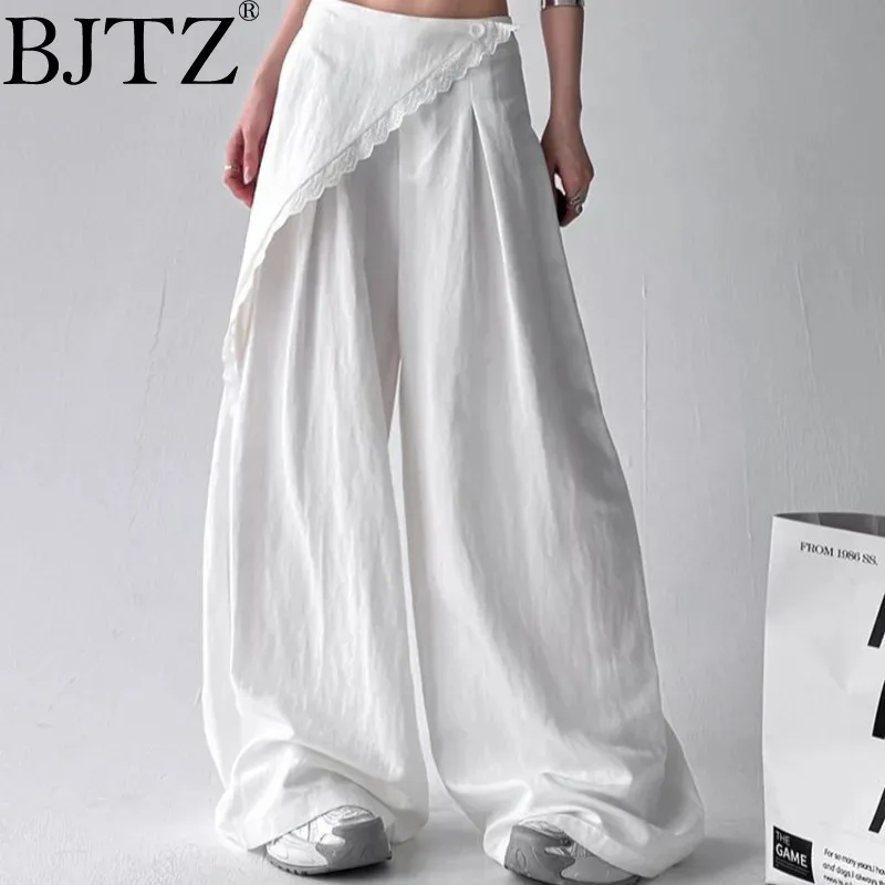 BJTZ الدانتيل حافة التطهير 2025 الربيع الصيف النساء عالية الخصر ضئيلة الربط مستقيم الساق عادية فضفاض معلقة السراويل وهمية قطعتين
