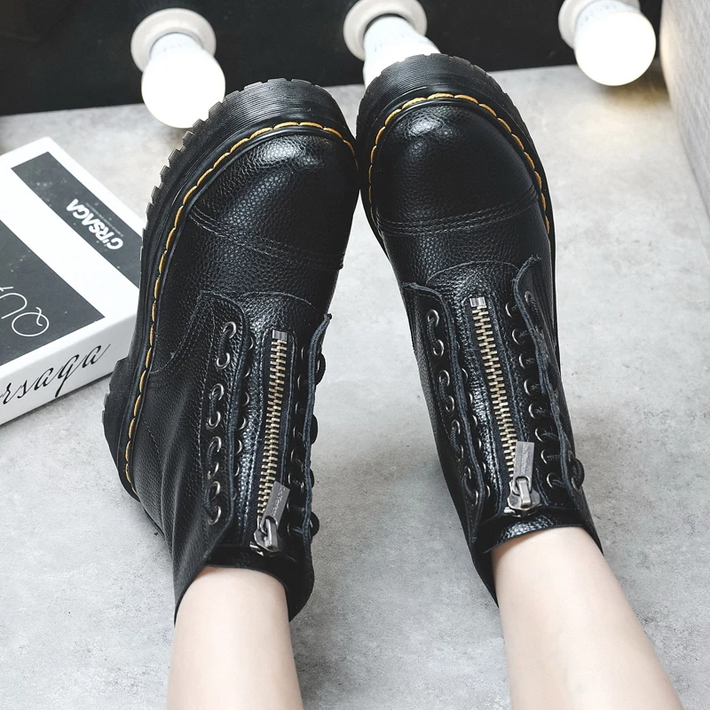 Women Boots Genuine Leather Platform Boots Motorcycle Shoes Front Zipper Optical Soles Fashion Sexy Punk Luxury Men Winter Boots