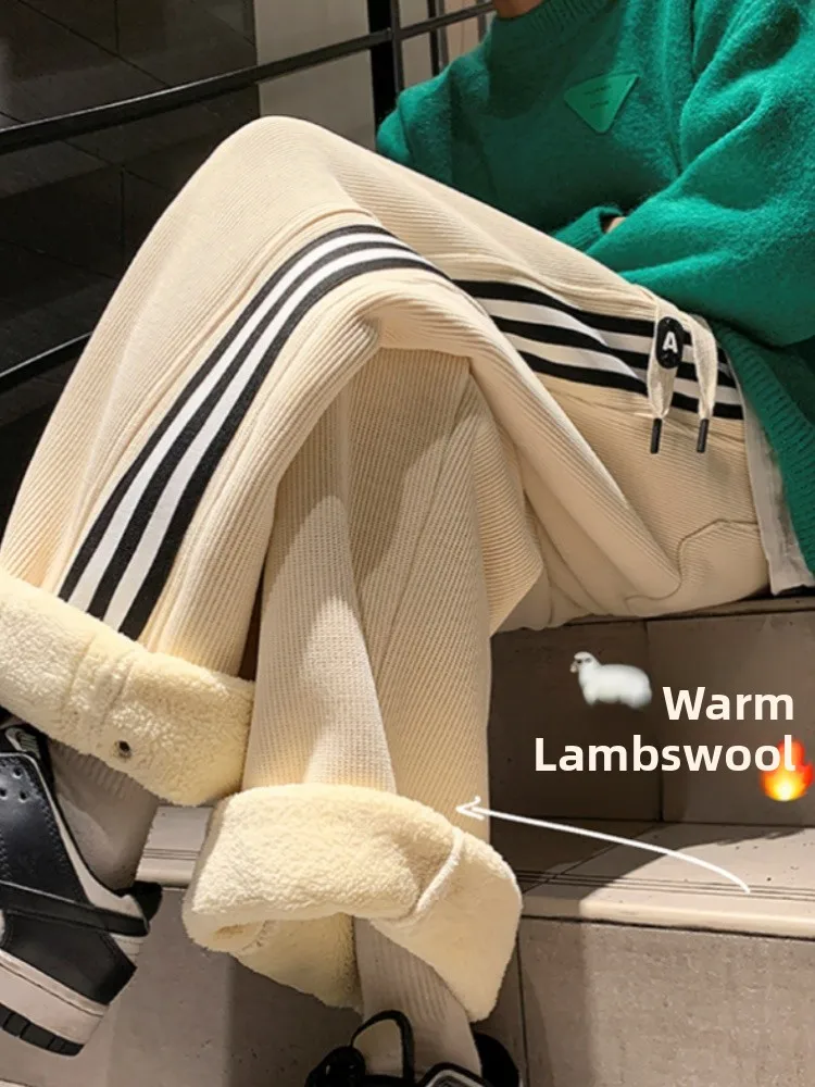

Lamb Fur Lined Straight Leg Casual Pants Thiened Winter Warm Leisure Sweatpants for Men Faionable Loose Fit Youthful Sle