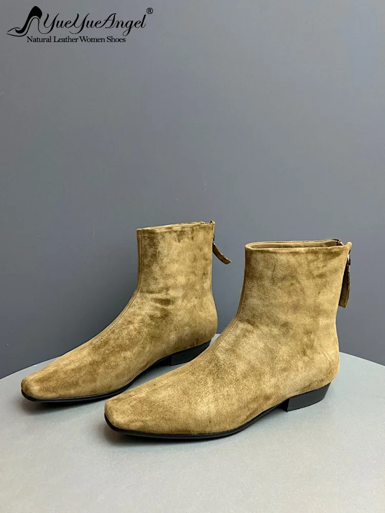 Elegant Ladies Winter Warm Fleece Lining Real Suede Leather Modern Boots High Top Square Toe Office Work Shoes Zip Ankle Boots