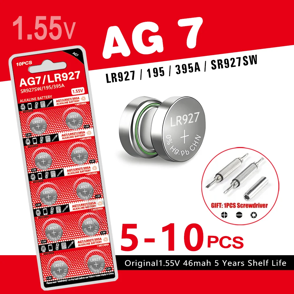 5-10 Uds AG7 LR927 SR927SW 395 395A L926F 1,55 V pila de botón alcalina para reloj calculadora juguetes de Control remoto
