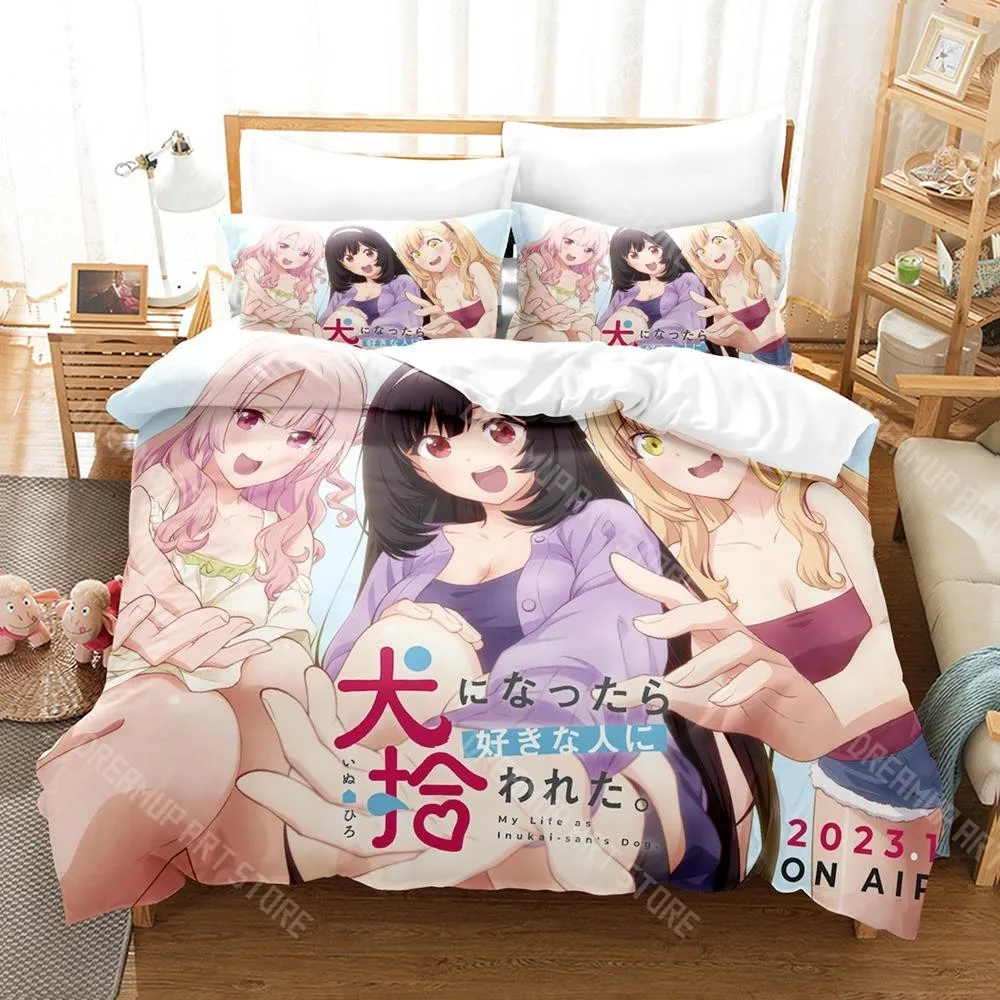 3D Printed My Life as Inukai-san’s Dog Anime Bedding Set for Boys Girls Duvet Cover Twin Queen King Full Single Double Sizes