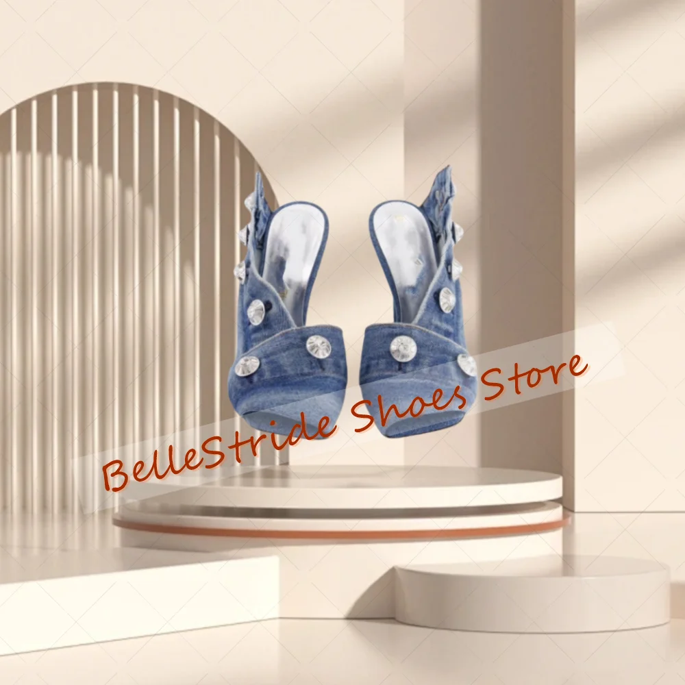 

Blue Demin Buckle Decor Peep Toe Slippers Fashion Women Shoes Stilettos High Heels Party Banquet Dating 2025 Zapatos Para Mujere