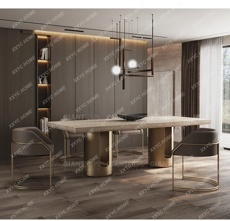 Natural marble dining table stainless steel light luxury rectangular simple modern high-end villa home dining table