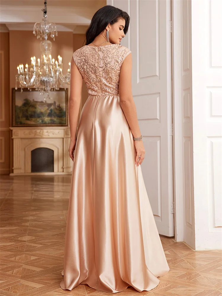 Lucyinlove-vestido de noche de satén dorado de lujo con cuello en V profundo y lentejuelas para mujer, vestidos largos elegantes para fiesta de boda, graduación y cóctel, nuevo