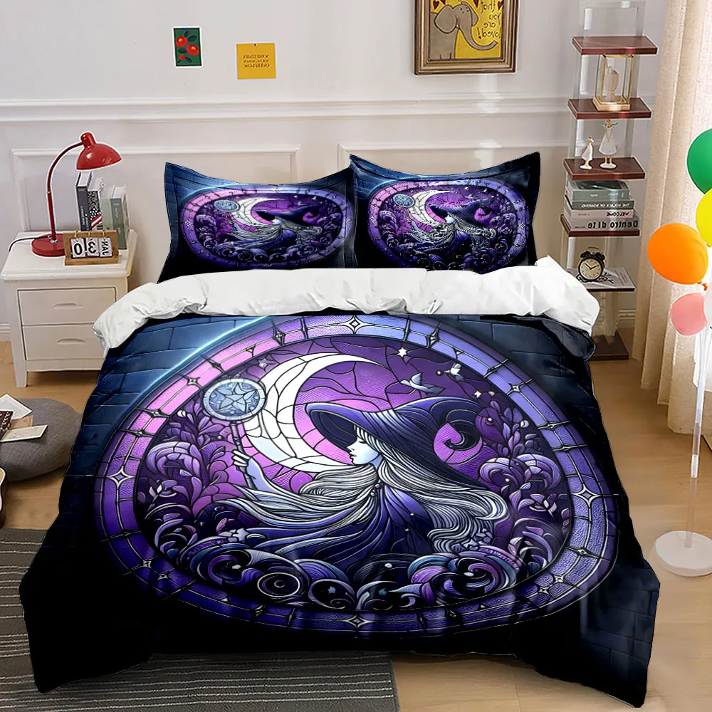 Gothic Purple Moon Witch Stained Glass Print 3PC Bedding Set Soft Microfiber Bedding Set for Dark Aesthetic & Witchy Room Decor