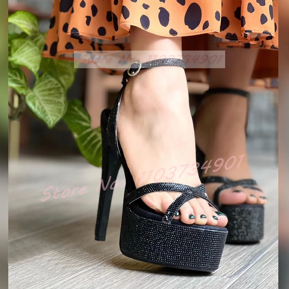 Studded Crystals Platform Ankle Strap Sandals Women Sexy Party Round Toe Stiletto High Heels Shoes Lady Nightclub Trendy Sandals