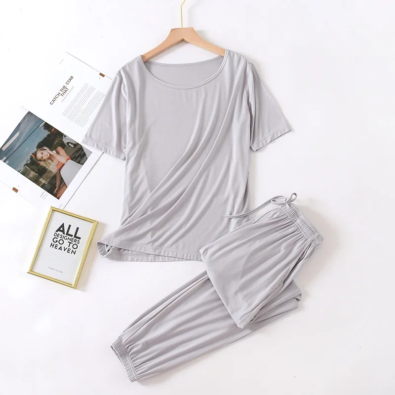 2024 spring and summer female modal pajamas two-piece short-sleeved trousers color large-size breathable casual home service set