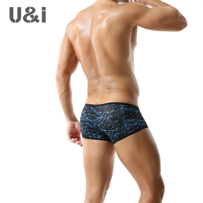 U&I trendy men\'s sexy low waist boxer briefs fashionable trend personality printing nylon breathable bullet separation