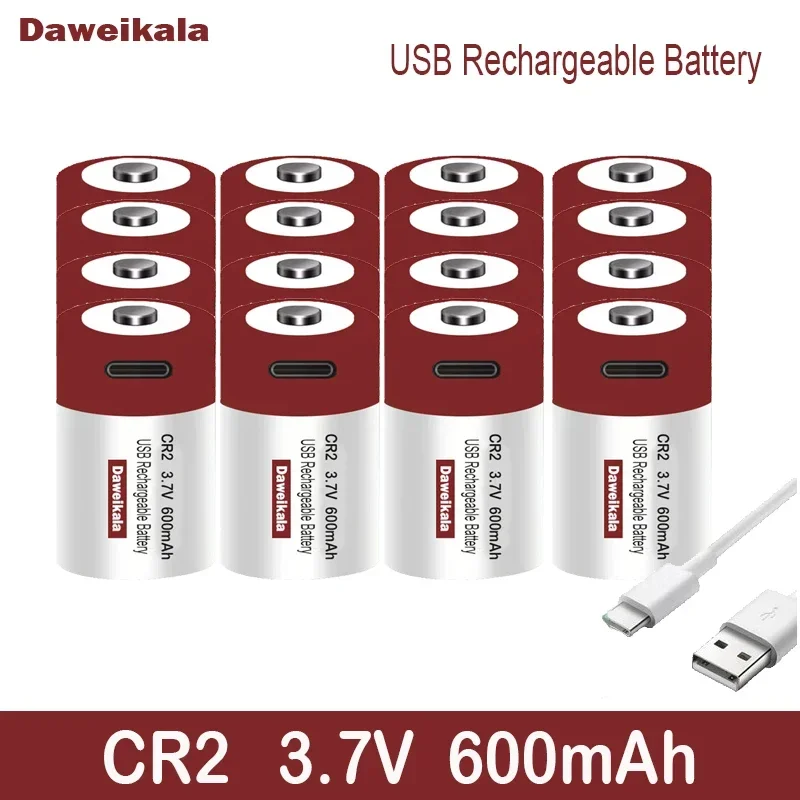 Bateria de lítio recarregável USB, CR2, 3.7V, 600mAh, bateria para GPS