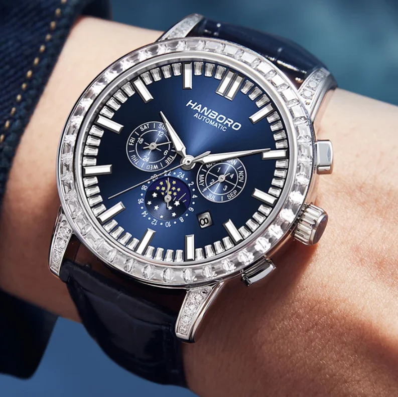 

Мужские автоматические часы HANBORO, винтажные, 43,5 мм, механические наручные часы, светящиеся, водонепроницаемые до 50 м, с несколькими циферблатами, отображением дня недели, месяца, даты и 24-часового формата времени
