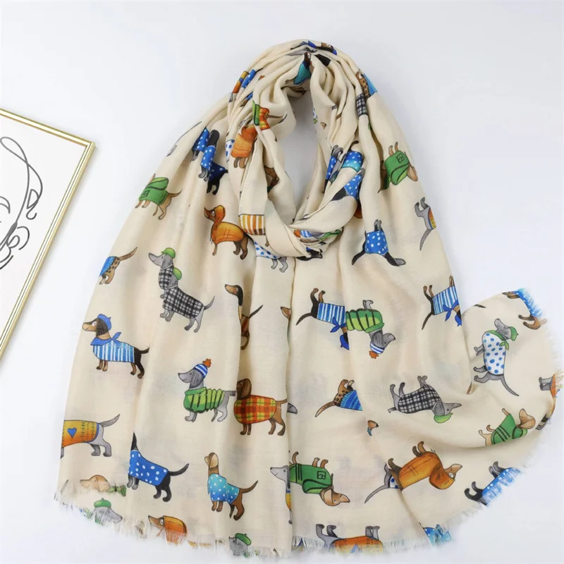 Cute Cartoon Dachshund Pattern Scarf Twill Thin Breathable Fringe Shawl Casual Travel Inelastic Outerwear Long Shawl 180*90Cm