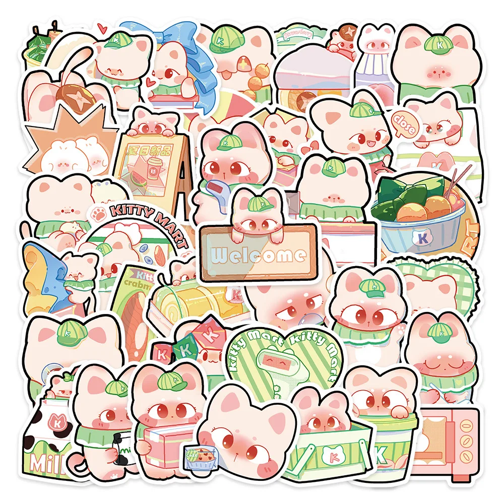 10/40PCS Cute Kitty Market Stickers INS Decoration Suitcase Scrapbooking Laptop Phone Stationery Funny Kawaii Cat Kid Sticker