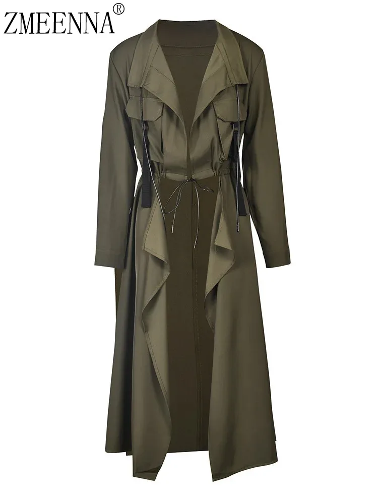 ZMEENNA Army Green Long Trench Women Big Size New V-neck Long Sleeve Loose Fit Windbreaker Fashion Spring Autumn 2024 XF2247