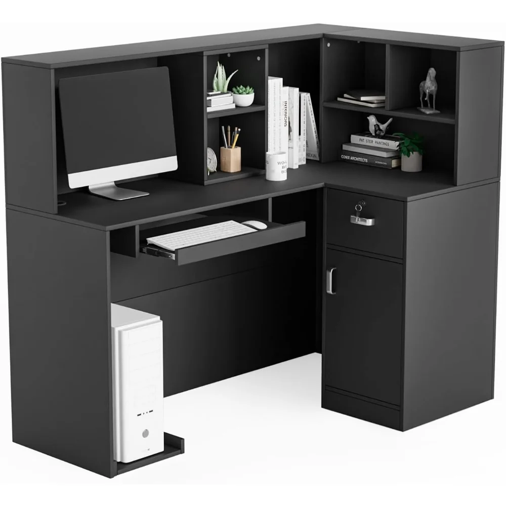

Modern Reception Desk, Moveable Shelves and Lockable Drawers, Retail Checkout Counter Table, for Lobby Beauty Salon Office