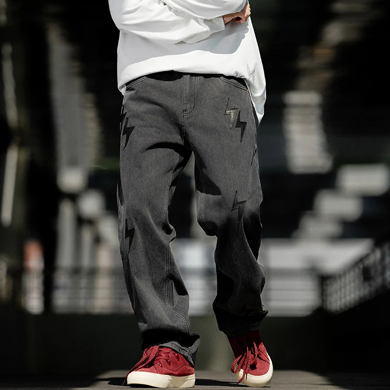 

American High Street Black Lightning Jeans Men's Trendy Loose Straight Casual Versatile Long Pants