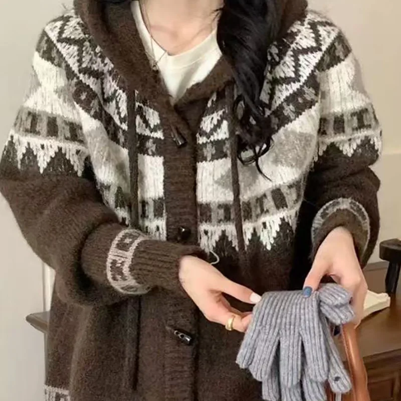 Jersey para niña, cárdigan de punto con botones de cuerno Retro, suéter de Jacquard Fair Island, chaqueta, prendas de punto de estilo Preppy para mujer, Otoño Invierno